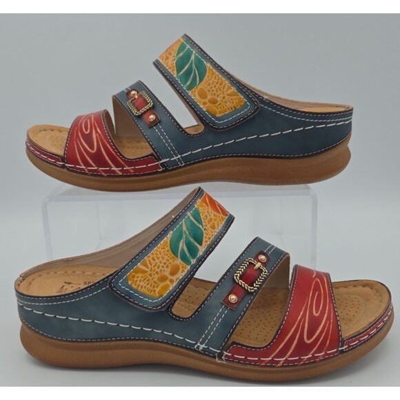 NWOB L'Artiste Spring Step Floral Multicolored Leather Wedge Sandal Size 40 US 9 - Picture 1 of 8